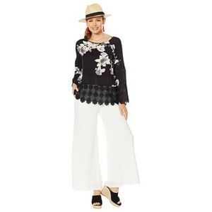 Curations Black White Flowers Flowy Crochet Lace Sleeve Top Blouse Shirt M
